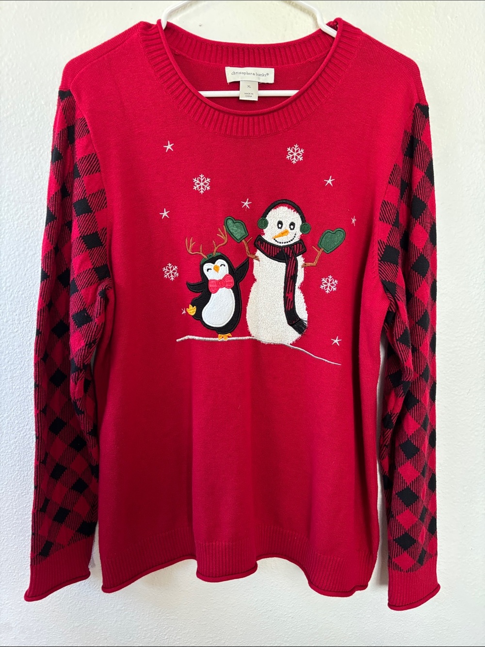 Christopher & Banks Red Holiday Penguin & Snowman Crewneck Sweater 808sku